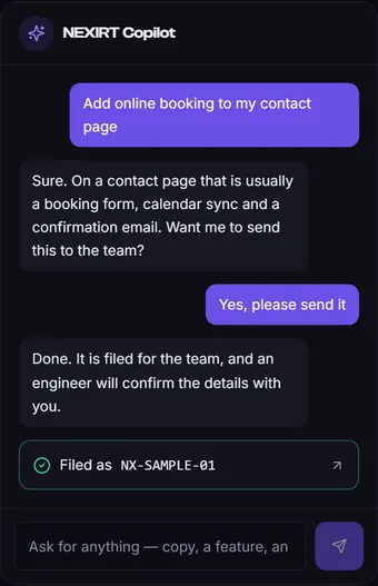 NEXIRT Copilot conversation with sample data: a visitor asks for online booking and the request is filed for the team.