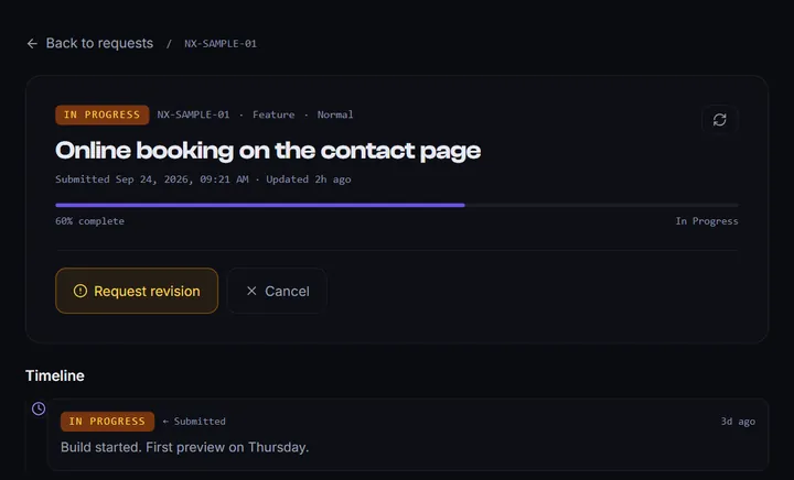 Client portal request page with sample data: an online booking request at 60% complete, with its status and timeline.